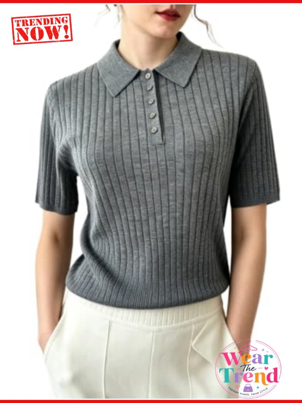 100% Worsted Merino Wool Ribbed Short Sleeve Polo Neck T-Shirt Buttons